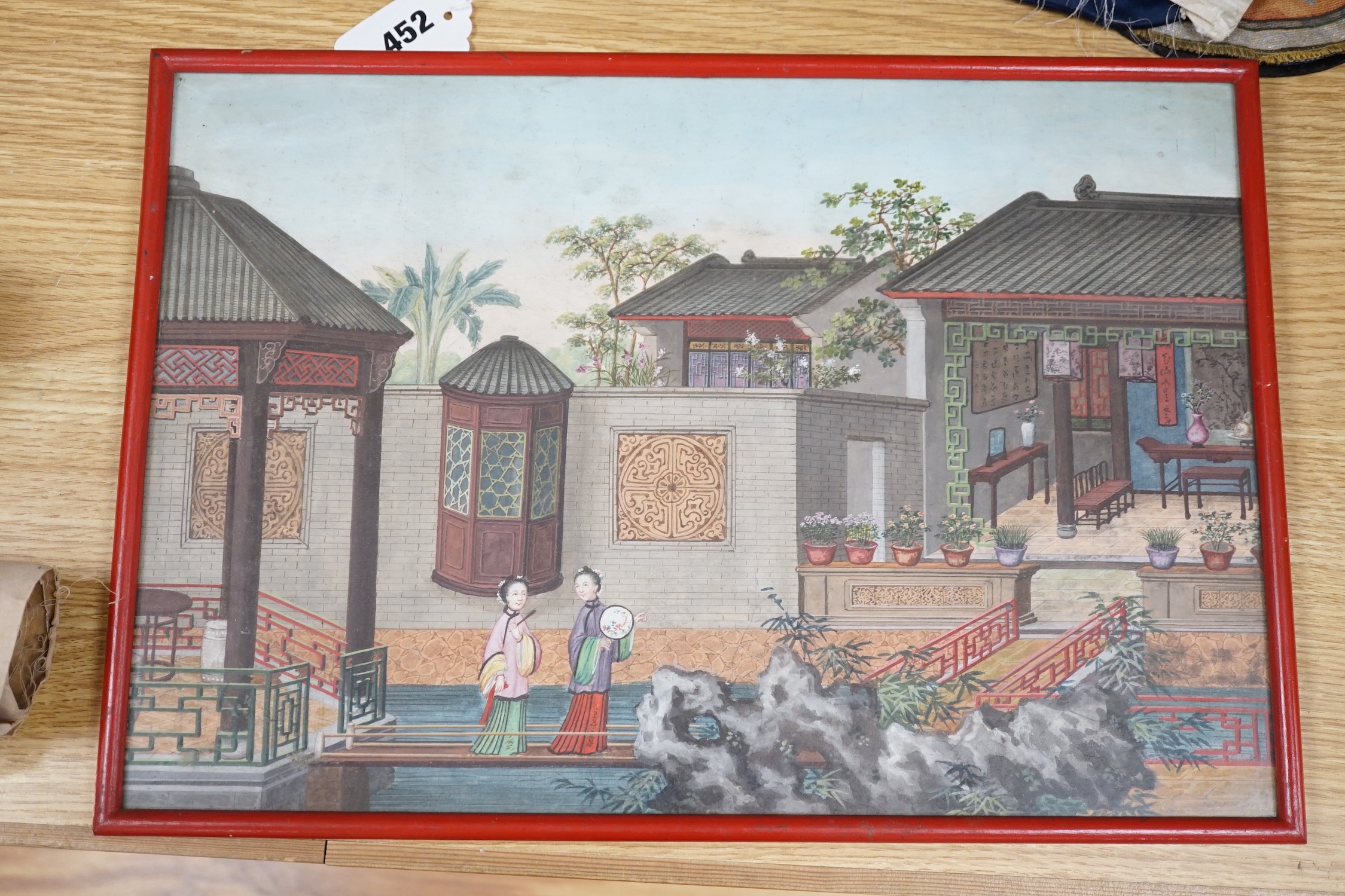 19th century Chinese School, pair of watercolours with gouache, depicting Ladies within Pavilion gardens, 28 x 41cm